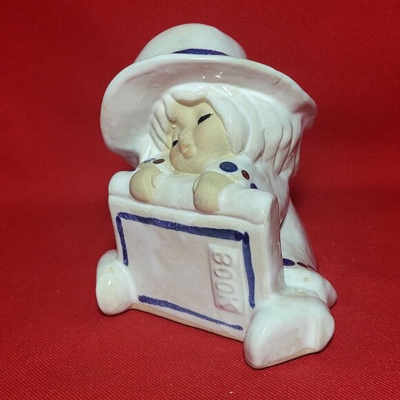 Vintage UCTCI Sitting Girl Hat Book Figurine Incense Stick Holder Ceramic Japan - Picture 7 of 12